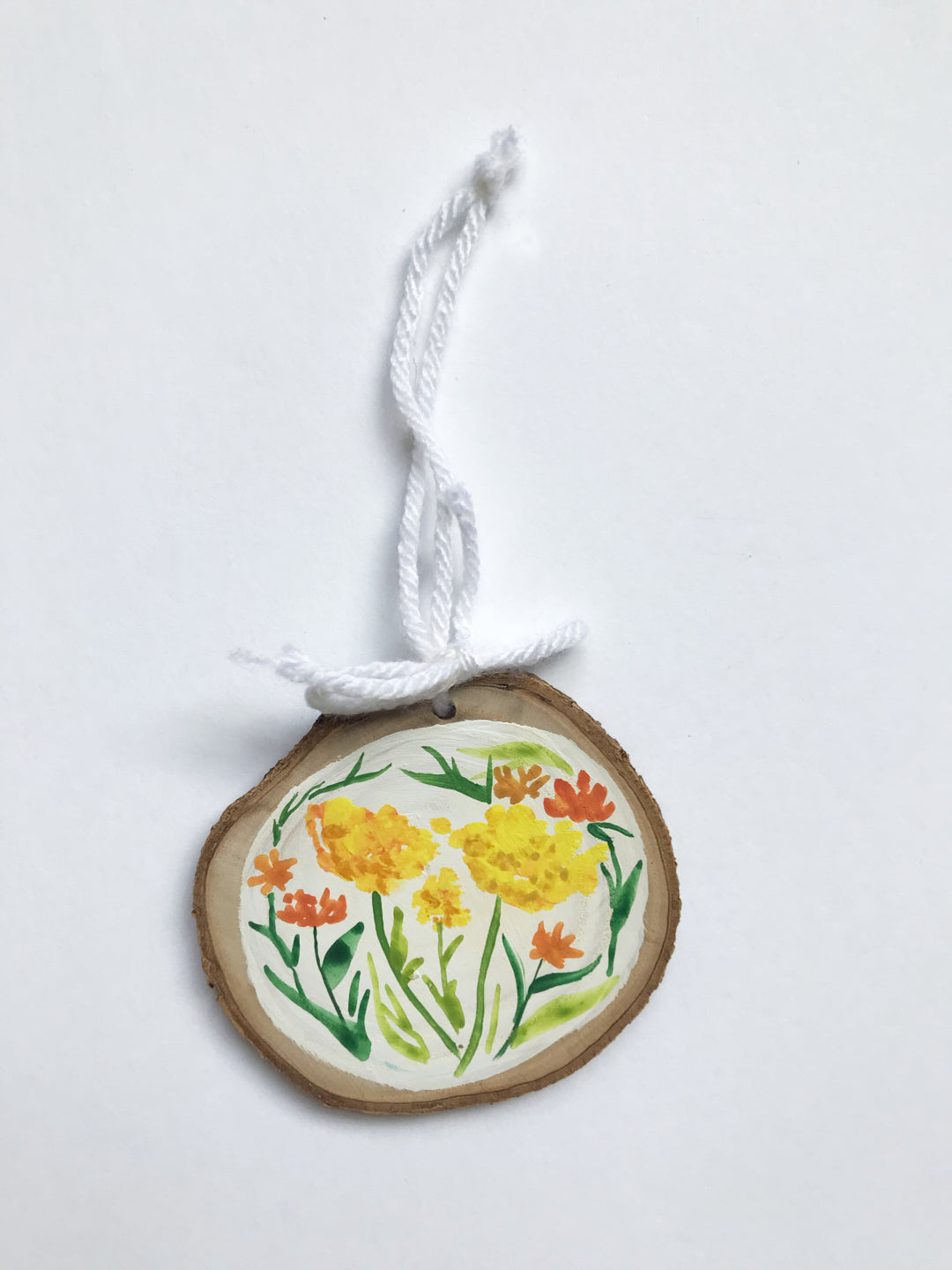 Yellow floral Wood Round Ornament