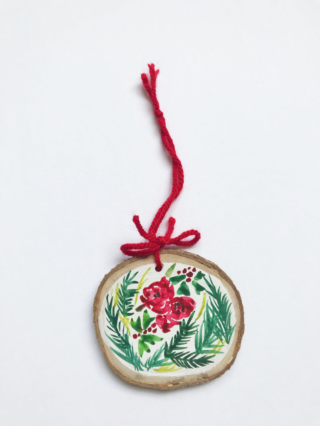 Greenery and Red Wood Round Ornament