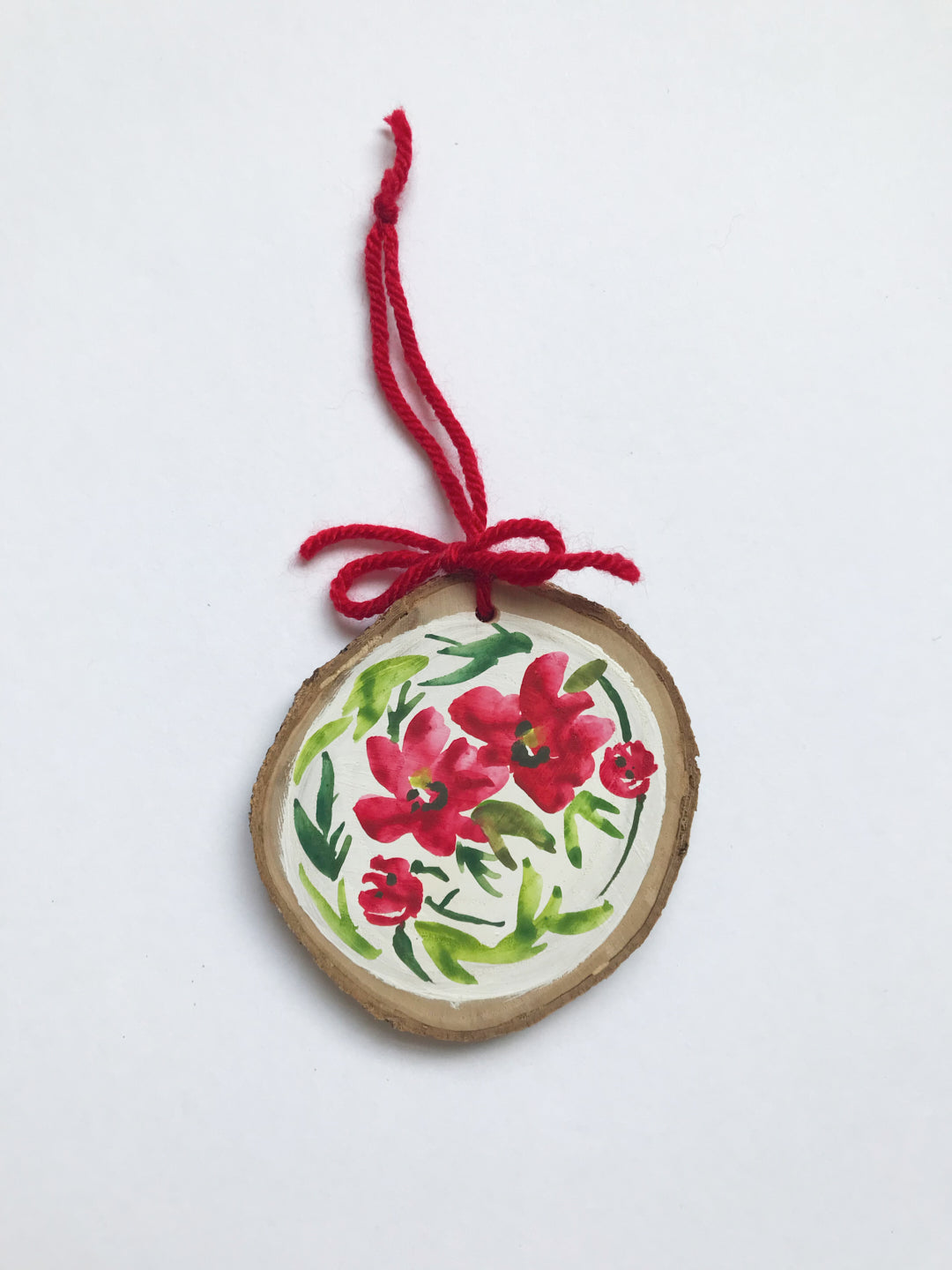 Simple Red floral Wood Round Ornament