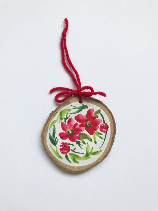 Simple Red floral Wood Round Ornament